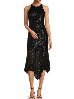 Belle Badgley Mischka Black Sequin Sheath Midi Halter Dress Size 14